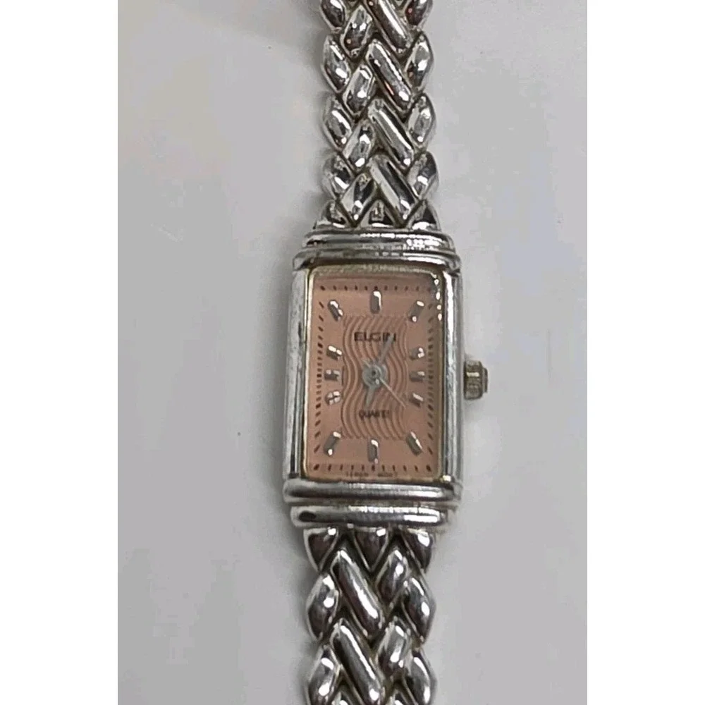 Vintage Elgin Quartz Ladies Watch Pink Dial Silvertone Bracelet Band EL 987